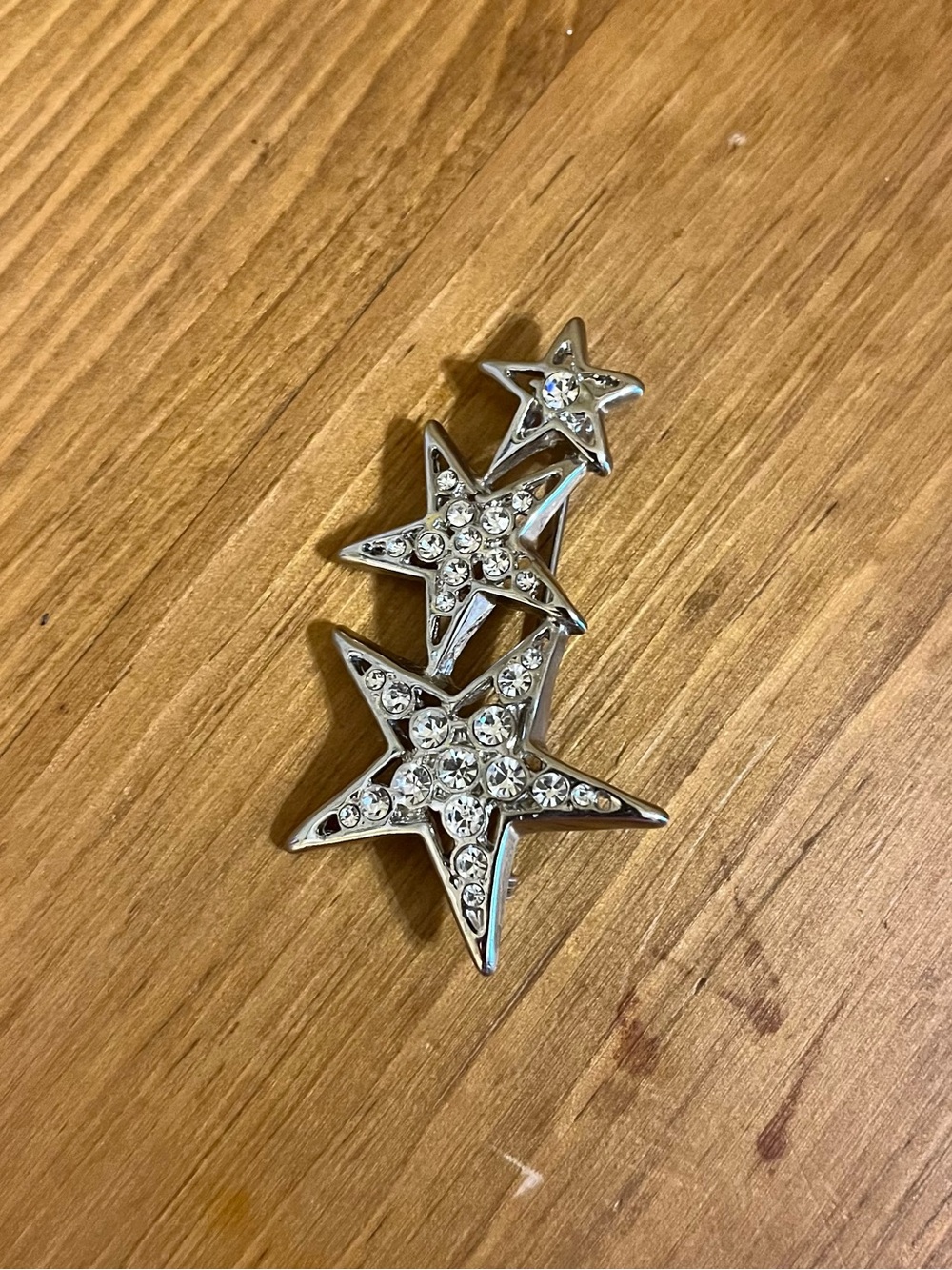 Vintage celestial 3 star brooch with clear rhinestones silver tone 2 1/4”